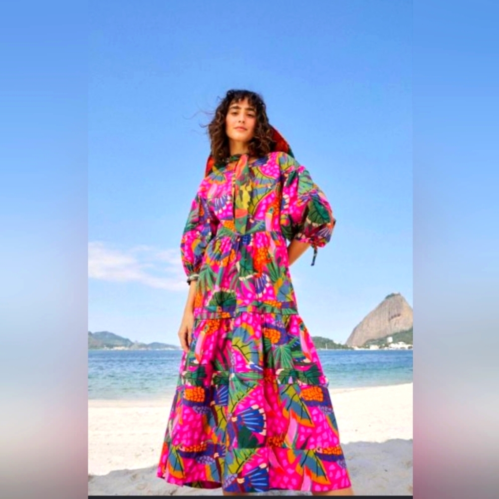 FARM Rio Painted Toucans Tiered Maxi Dress Sz Med